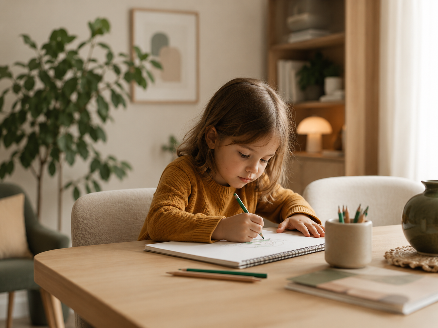 Enfant dessinant dans un espace calme